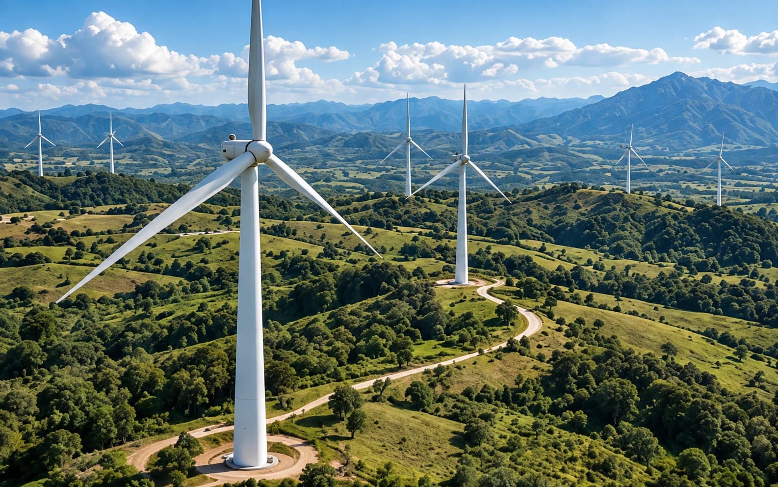 Aerogeradores entre montanhas e áreas verdes de um parque eólico