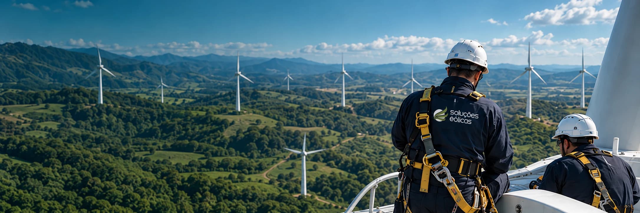 Técnico com equipamentos de segurança em uma turbina, diante de um parque eólico