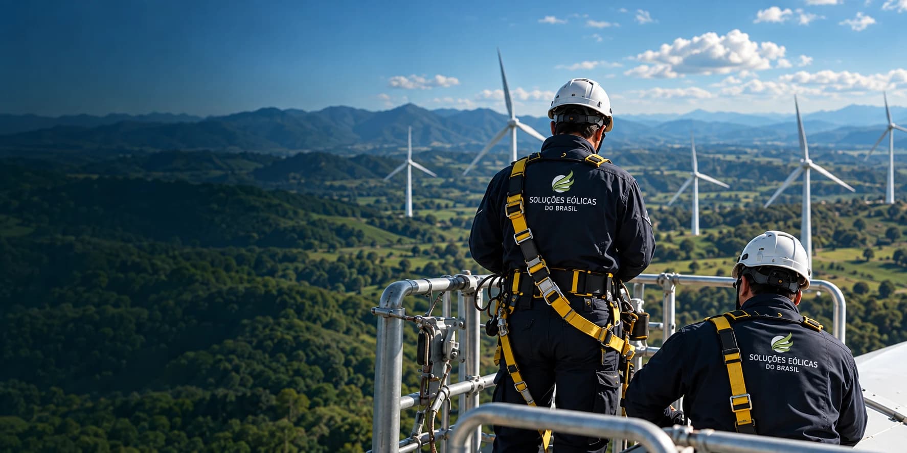 Dois técnicos com capacete e cinto de segurança sobre uma turbina, diante de um parque eólico