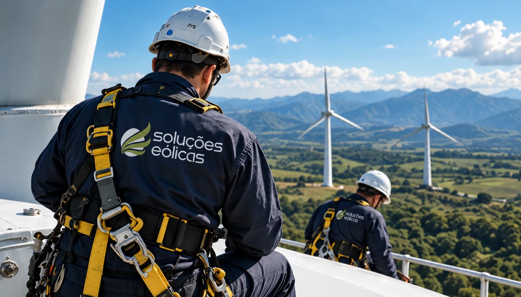 Técnicos com capacetes e cintos de segurança trabalhando em uma turbina eólica