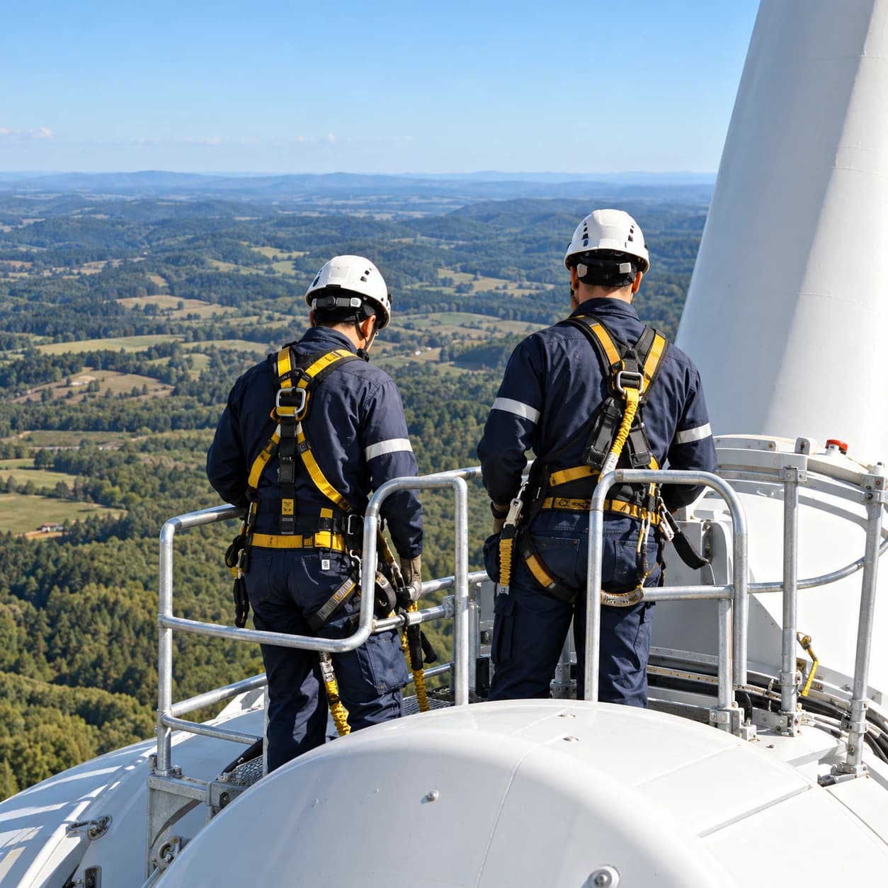 Técnicos com equipamentos de proteção trabalhando em uma turbina eólica