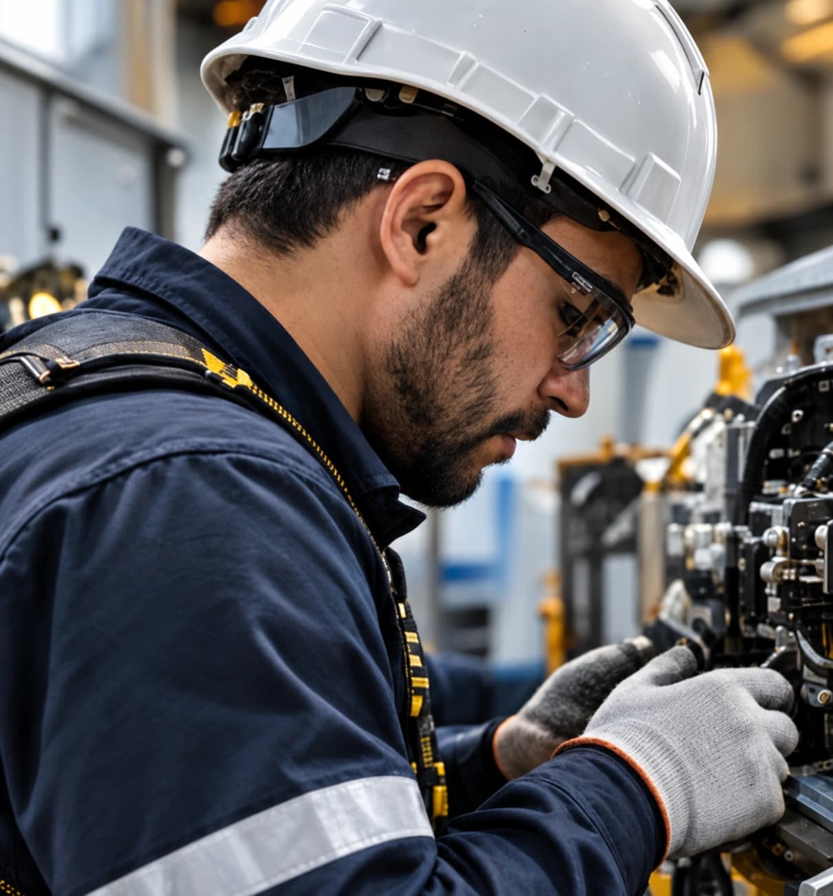 Profissional realizando manutenção em componentes industriais