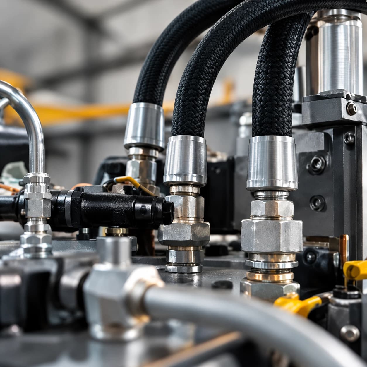 Mangueiras e conexões de um sistema hidráulico industrial