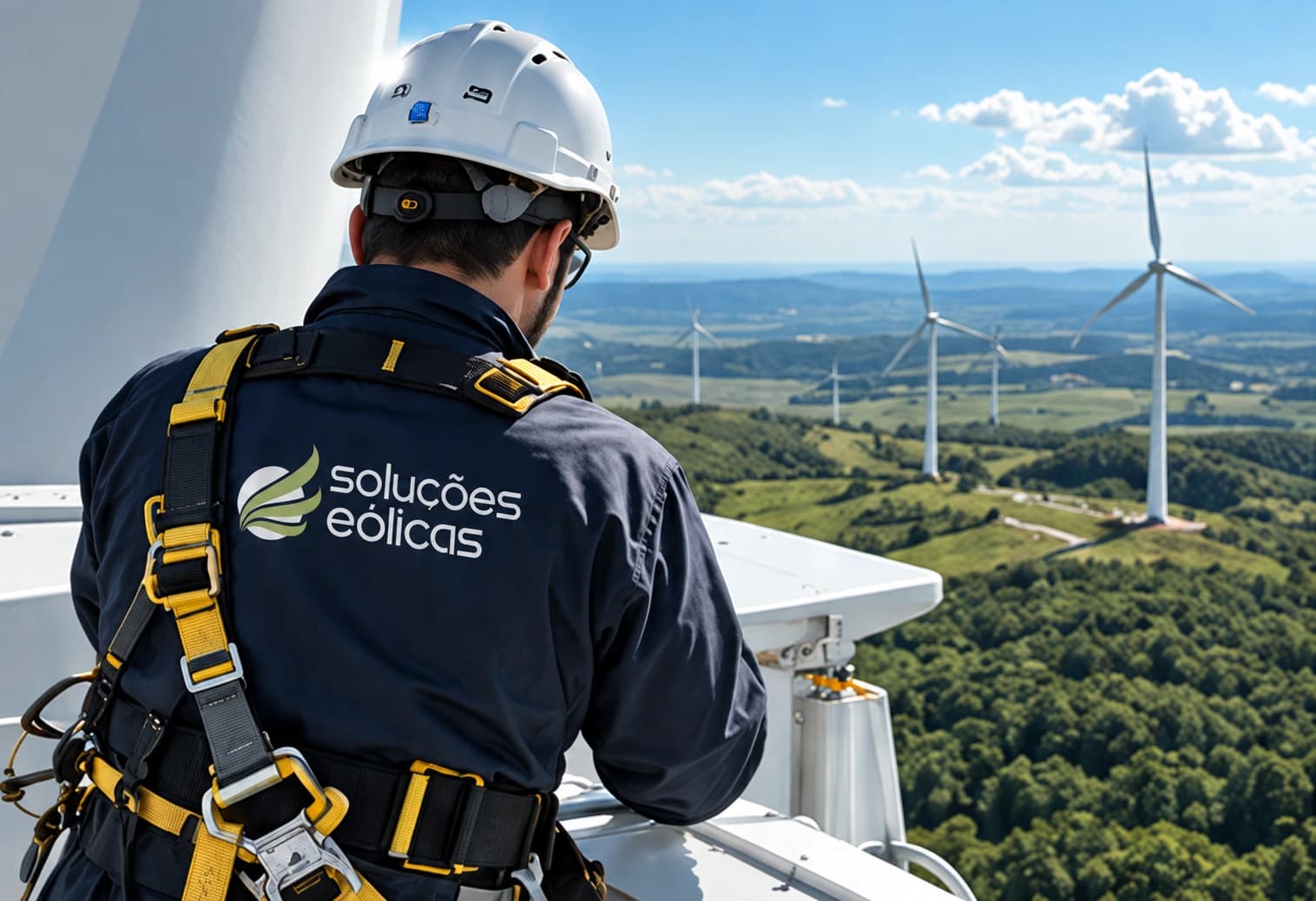 Técnico equipado com capacete e cinto de segurança diante de um parque eólico